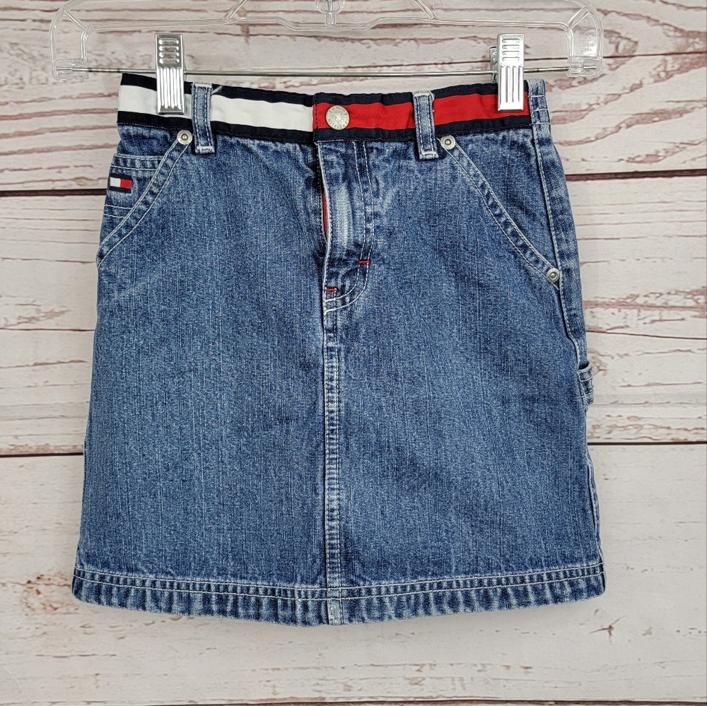 Vintage Tommy Hilfiger girls denim Jean skirt w/ red/white/blue/ waist stripe